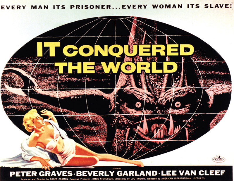 Albert Kallis, It Conquered the World/ The She-Creature, 1956, gouache and scratchboard montages, half-sheet poster and insert card, AIP. Albert Kallis-art directed illustrations for It Conquered the World and another Paul Blasidell monster movie, The She-Creature, released on July 15, 1956. Click to enlarge.