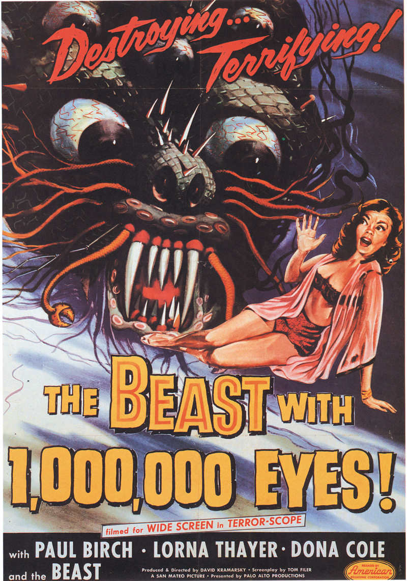 Albert Kallis, gouache on board, one sheet poster for the motion picture The Beast with a Million Eyes, American Releasing Corp., 1955.  With James Nicholson's flamboyant titles and sensational poster art like this, audiences were promised a great deal more than the studio's production budgets could deliver. Later films produced by the studio, though low on budget, were often ambitious and highly imaginative. Click to enlarge.