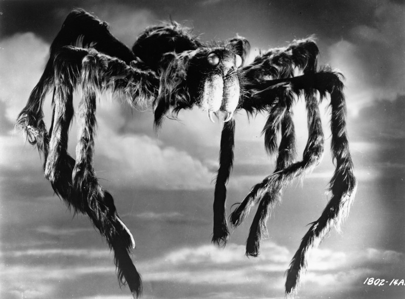 Tarantula (Universal-International, 1955). Deemer's nutrient achieves a possible solution to world hunger by yielding crops of immense size, but the side effects include gigantism in animals and insects and acromegaly, a strangely de-forming glandular disease, in humans. Driven mad by the disease, Lund returns to the lab, overcomes Deemer in order to inject him with the nutrient, and in the process, accidentally releases a rapidly growing giant tarantula. Click to enlarge.