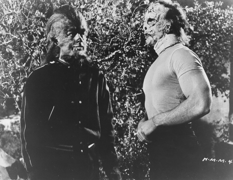 Herbert L. Strock, director, How to Make a Monster, 1958, motion picture, AIP.  Gary Clarke, as teenage werewolf Larry Drake, and Gary Conway, as teenage Frankenstein's monster Tony Mantell, portray young actors under the hypnotic control of demented make up artist Peter Drummond (Robert H. Harris). Click to enlarge.