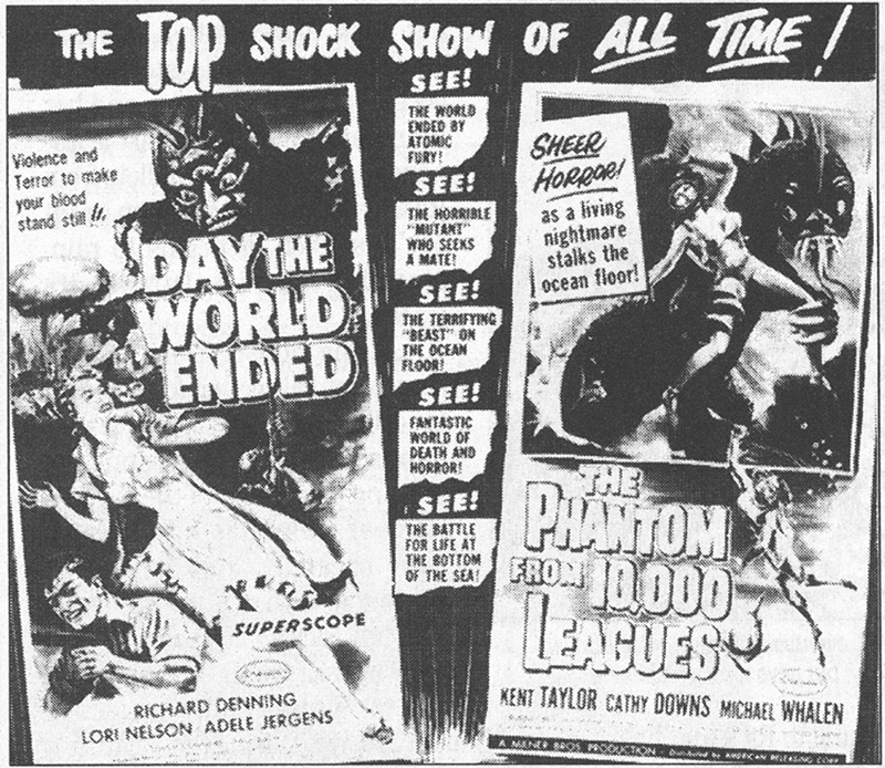 Albert Kallis, Day the World Ended/ The Phantom from 10,000 Leagues, January 1956, ARC. Based on Albert Kallis's poster art, this black and white newspaper ad appeared across the U.S. announcing a brand new phenomenon—the all-science fiction double feature. Click to enlarge.