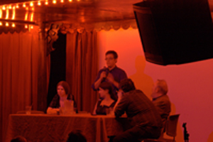 L to R: Panel with Liz Gorinsky, Jess Nevins (standing), S. J. Chambers, Michael Moorcock, and Rick Klaw