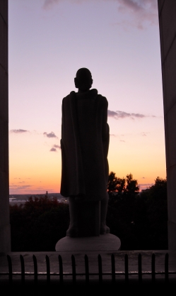 Roger Williams looks out over Providence--perhaps a little disturbed by what he sees.