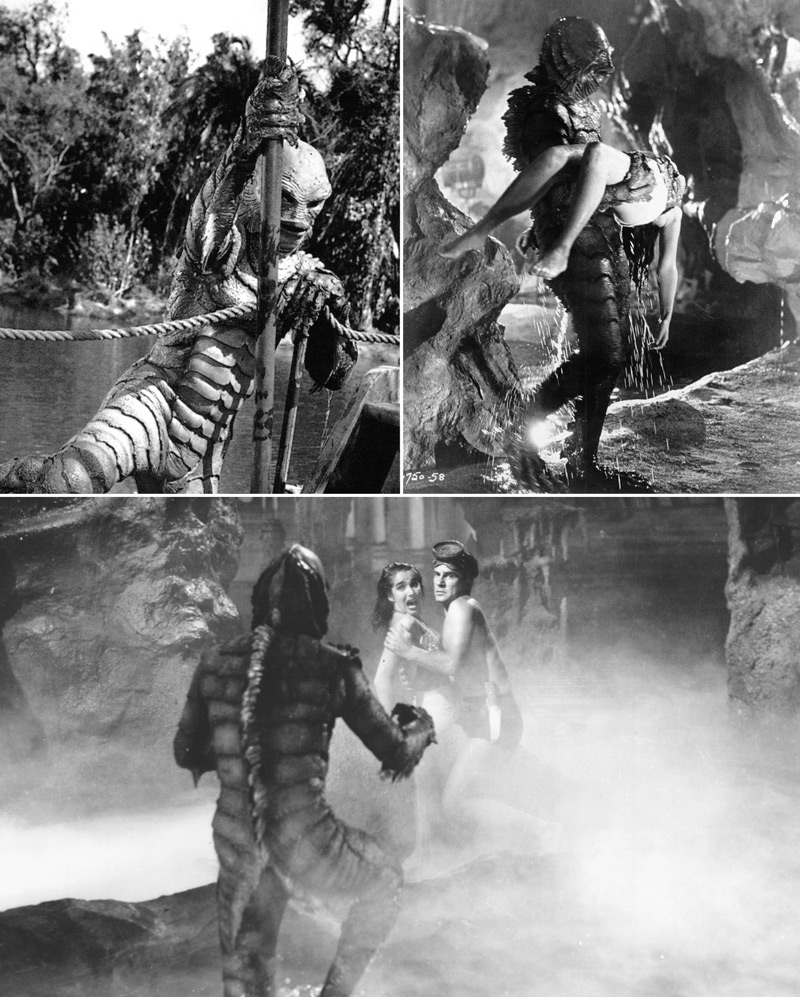 Creature from the Black Lagoon, 1954, motion picture, Universal-International.  (Top, left) After blocking the only exit route out of the Black Lagoon, the Gill Man (Ben Chapman) climbs aboard the Rita to abduct Kay Lawrence (Julia Adams).  (Top, right) The Creature (Ben Chapman) carries an unconscious Kay Lawrence (Julia Adams) to his hidden grotto.  (Bottom) David (Richard Carlson) revives Kay (Julia Adams) just as the Gill Man (Ben Chapman) rises from a nearby pool to attack him. Click to enlarge.
