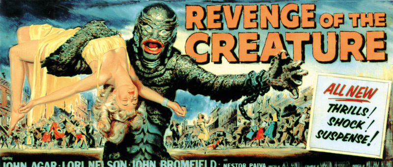 Reynold Brown, illustrator, Revenge of the Creature, 1955, gouache on board, illustration for motion picture billboard advertisement, Universal-International. Click to enlarge.