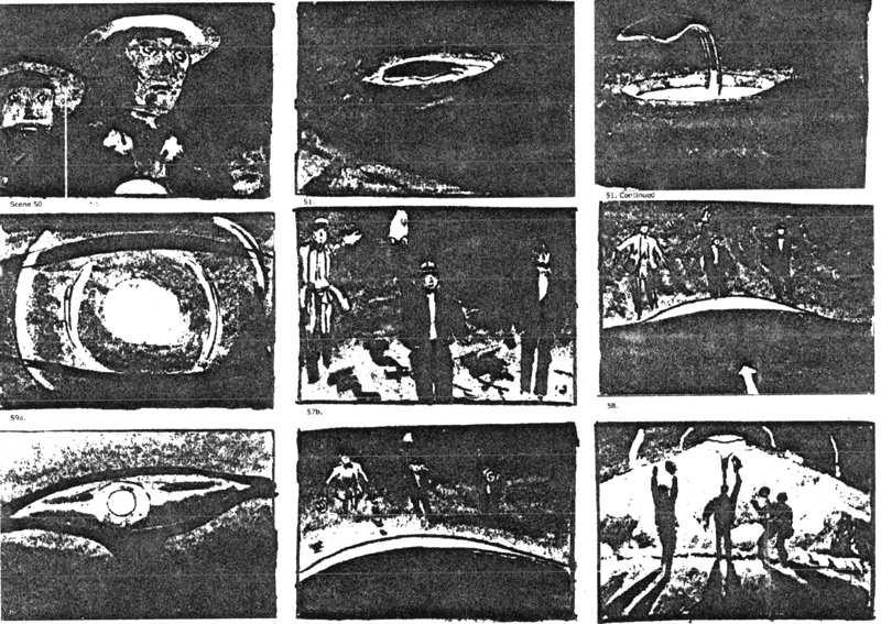 Storyboard drawings for George Pal's production of The War of the Worlds were supervised by the film's unit art director, Albert Nozaki.  These drawings show scenes 50 through 60 in which three men, posted as guards at the site of a fallen meteor, are disintegrated by a Martian heat ray. Click to enlarge.