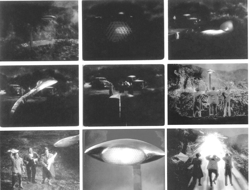 These frames blow-ups from The War of the Worlds correspond almost exactly to the continuity drawings supervised by Albert Nozaki.  In this sequence, Wash Perry (Bill Phipps), Salvador (Jack Kruschen) and Alonzo Hogue (Paul Birch) approach the meteor in the hope that the emerging Martians will respond favorably to their waving of a white flag. Click to enlarge.