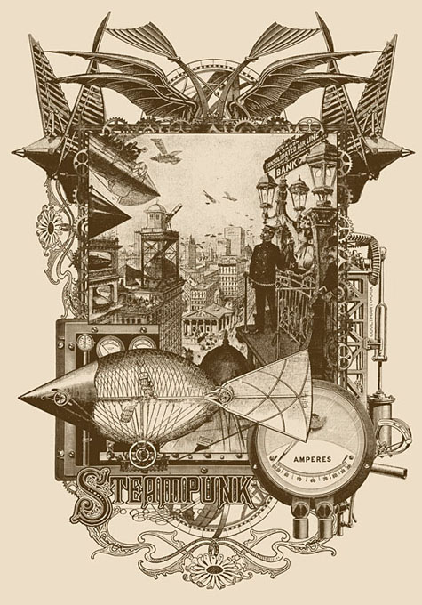 Life in Our New Century! A design for Modofly. The central picture is an old magazine illustration showing the flying machines of a future London. Click to enlarge.