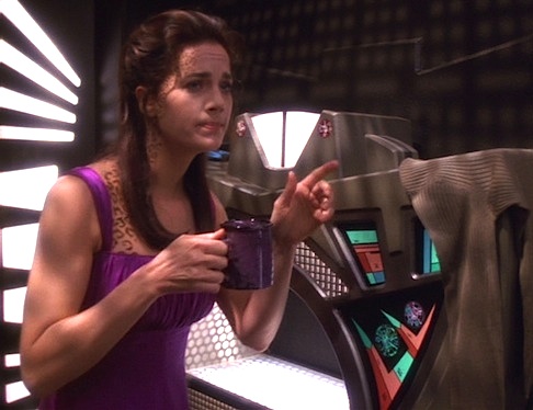 Jadzia is pretty hungover, but at least her mug matches her nightgown