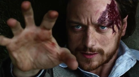 James Mcavoy as Charles Xavier in Days of Future Past, bloody-faced and reaching out