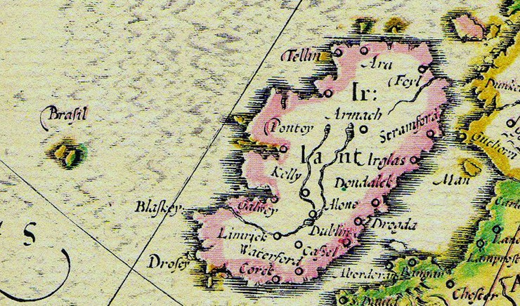 Hy-Brasil shown on map of Ireland by Abraham Ortelius, 1572