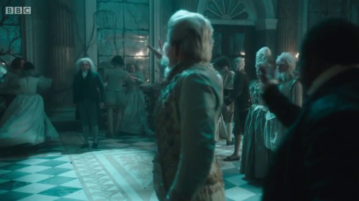 [Image: the gentleman raising his hand against Mr Norrell, and Stephen stepping toward the gentleman to stop him]