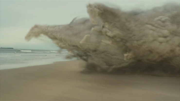 [Image: sand horses racing toward the water]
