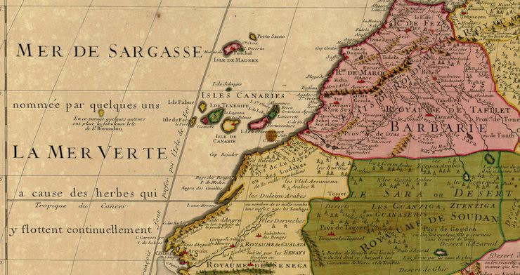 St Brendan's Isle (far left) on Guillaume Delisle's map of North West Africa, 1707