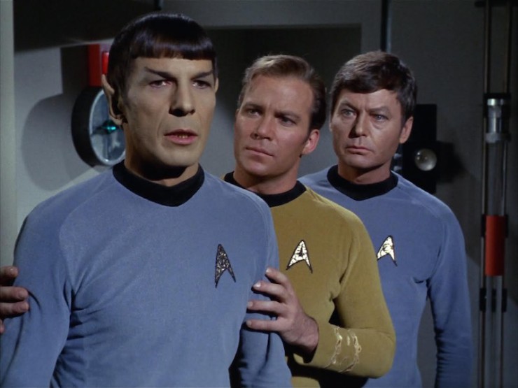 Image from Star Trek episode Operation Annihilate, showing Spock, Kirk, and McCoy