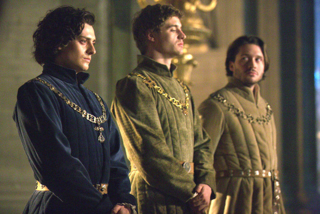 The three York brothers in The White Queen, with Richard (Aneurin Barnard) on the left, and Edward (Max Irons) in the center, both looking particularly Hollywood-pretty.