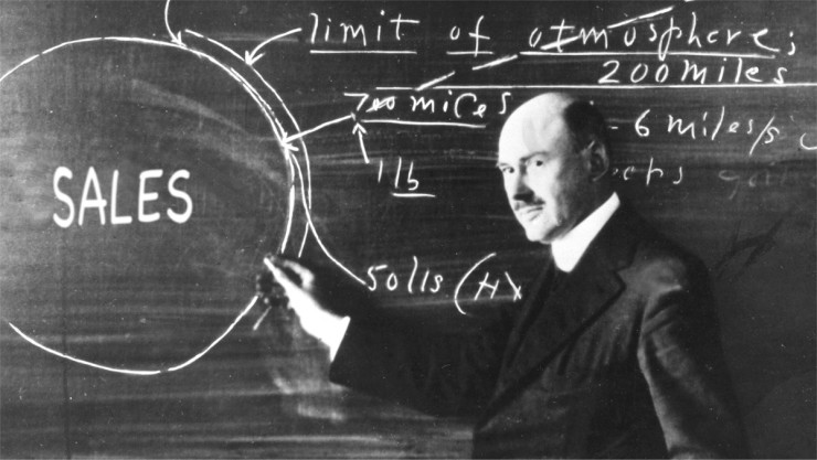 Dr. Robert H. Goddard at a blackboard at Clark University in Worcester, Massachusetts, in 1924. Author: NASA.