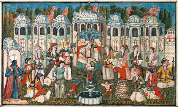 Ottoman garden party hosted by the Queen Mother (Valide Sultan) for Madame Girardin, late 17th-century