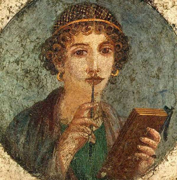 Fresco of a woman with writing implements, found in Pompeii.