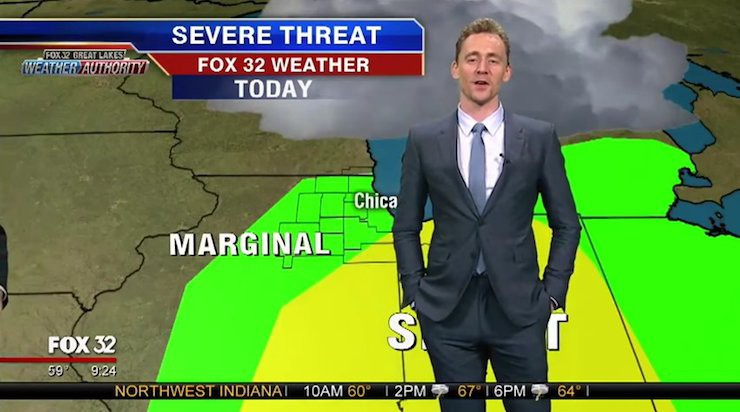 Tom Hiddleston doing weather report in Chicago