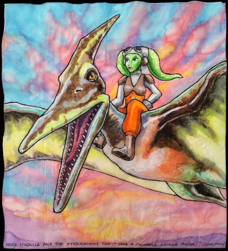 Nina Levy, napkin art, Star Wars characters on dinosaurs