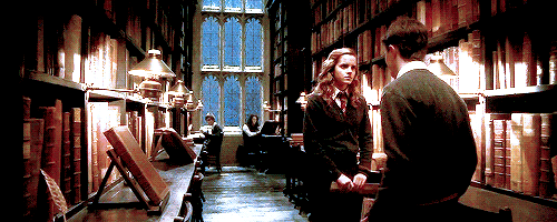 Harry and Hermione in the Hogwarts Library