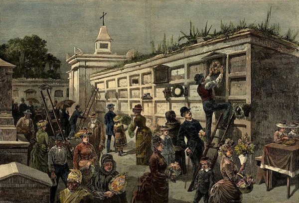 All Saints Day in New Orleans -- Decorating the Tombs in One of the City Cemeteries, an 1885 engraving