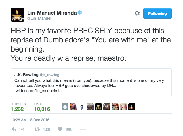 Lin Manuel Miranda Harry Potter Half Blood Prince J.K. Rowling Twitter