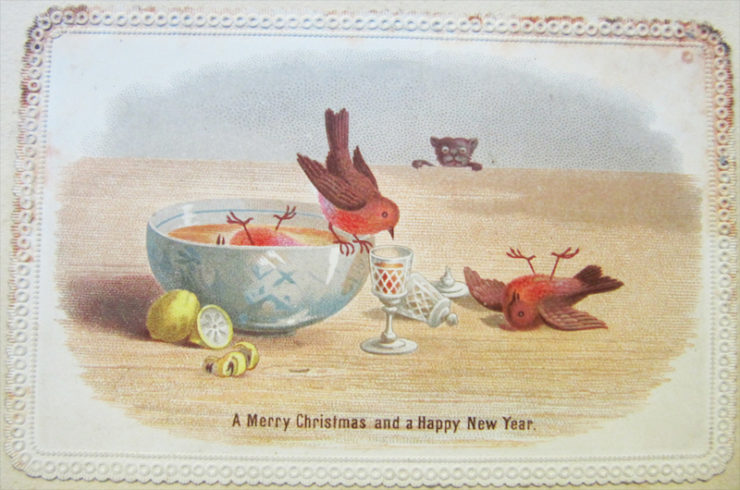 Christmas Card with Drunk Robins