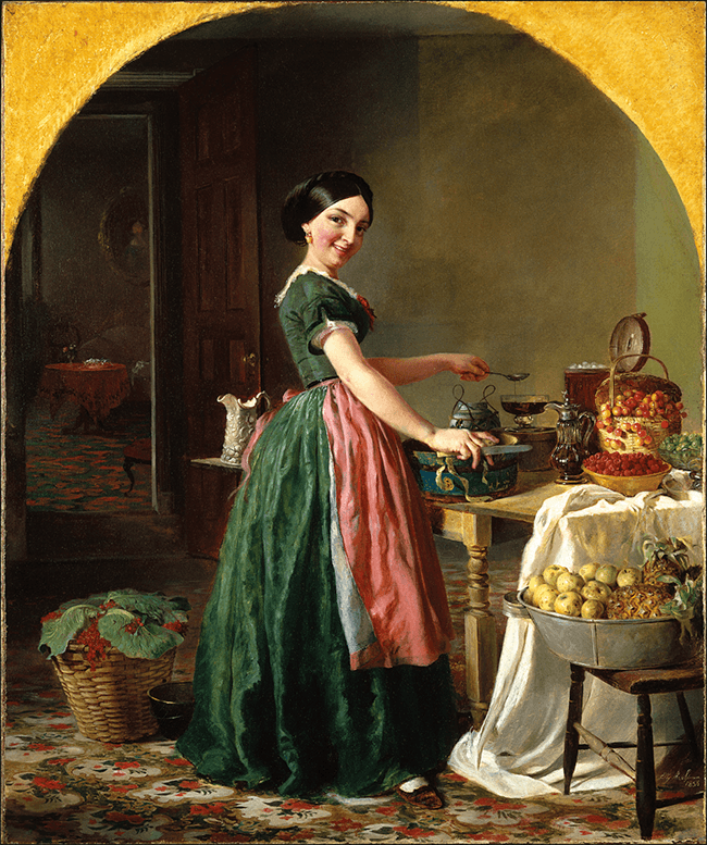 Painting of a woman standing at a kitchen table with a pot of molasses