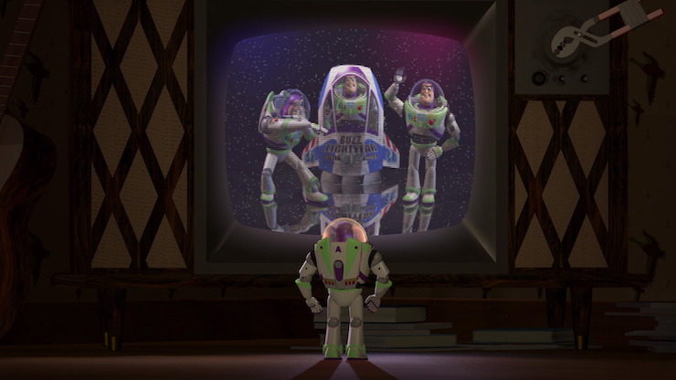 Buzz Lightyear watching a Buzz Lightyear toy commercial in Pixar's Toy Story