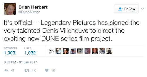 Brian Herbert Twitter, Dune director annoucement