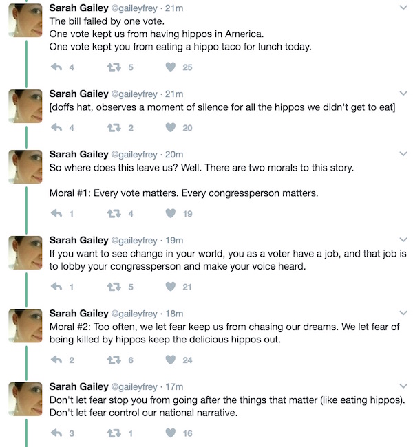 Sarah Gailey tweets about hippos