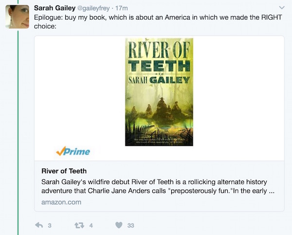 Sarah Gailey tweets about hippos