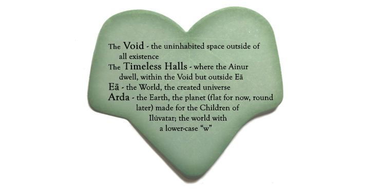 The Void - the uninhabited space outside all existence; The Timeless Halls - where the Ainur dwell, within the Void but outside Eä; Eä - the World, the created universe; Arda - the Earth, the planet (flat for now, round later!) made for the Children of Ilúvatar; the world with a lower-case "w"