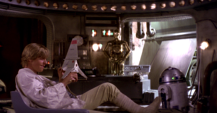 Luke Skywalker and his Model T-16 Skyhopper in Star Wars: A New Hope
