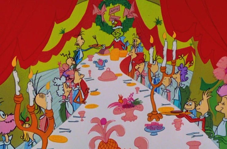 The Grinch and the Whos holiday feast in How the Grinch Stole Christmas