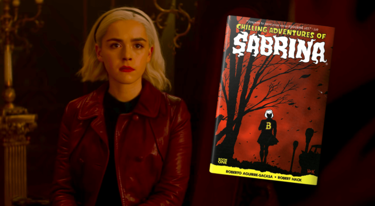 Sabrina (Kiernan Shipka) in Chilling Adventures of Sabrina, with book cover inset