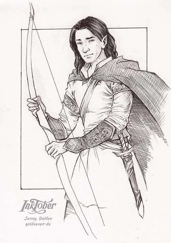 a sketch of an elf holding a long bow