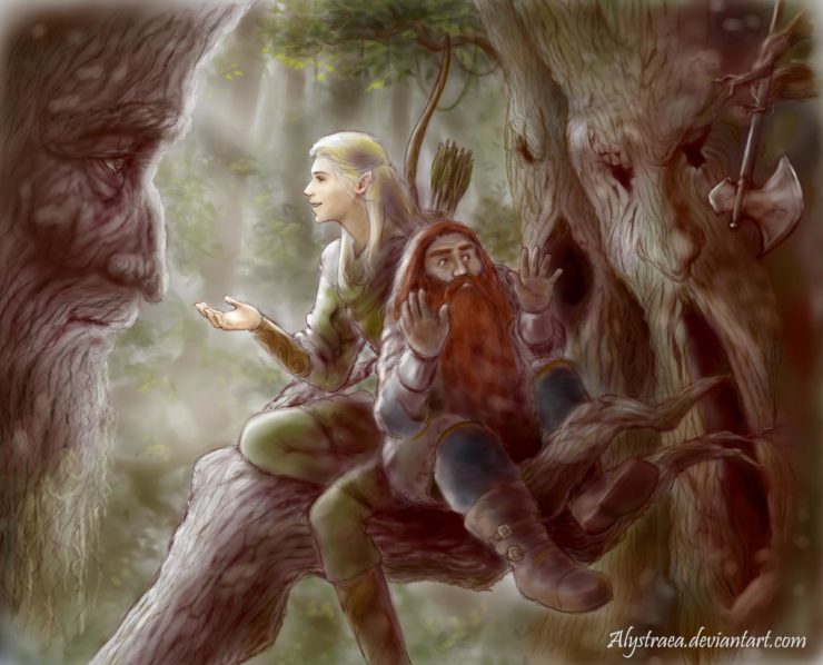 An elf and dwarf sitting in a tree, talking to an ent