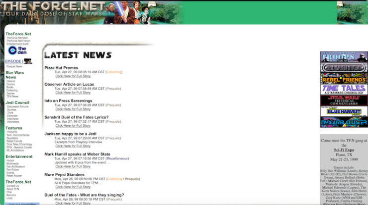 Screencap of TheForce.net from April 1999