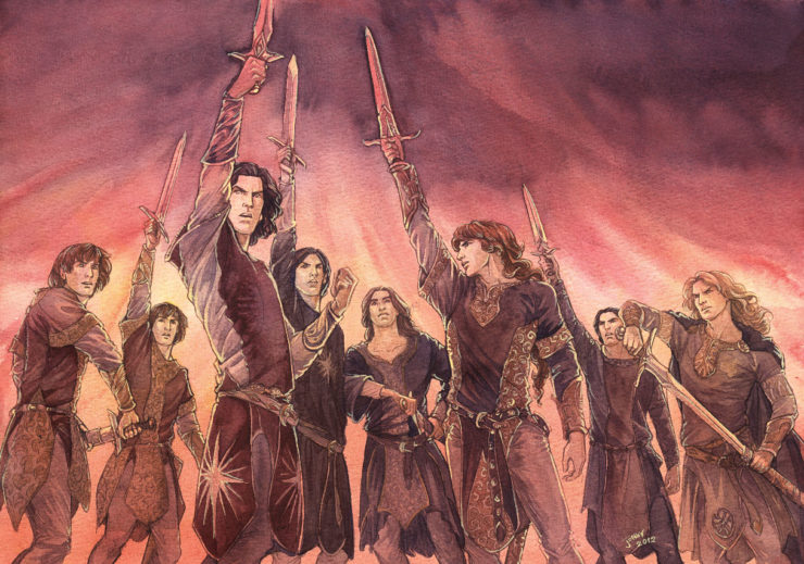 Eight elves standing together with swords