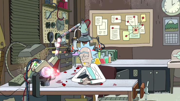 Rick Sanchez alone at his work table in Rick and Morty