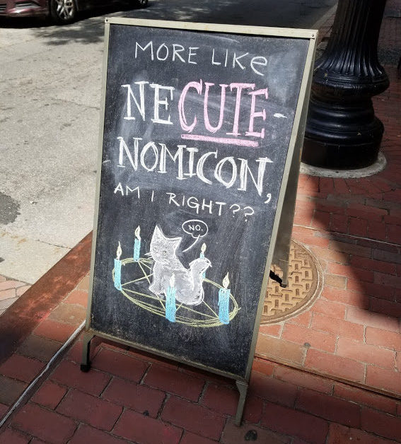 A chalkboard easel on a sidewalk, proclaiming "More like Ne-CUTE-nomicon, am I right??" There's a kitten in a summoning circle saying, "No."