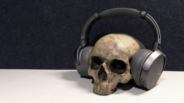 Skull wearing headphones
