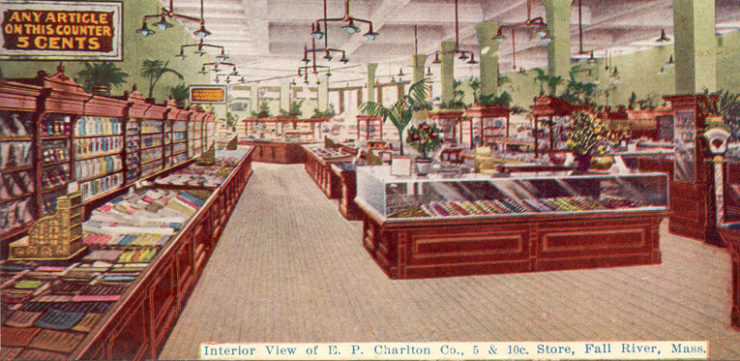 postcard showing the interior of a 1908 department store