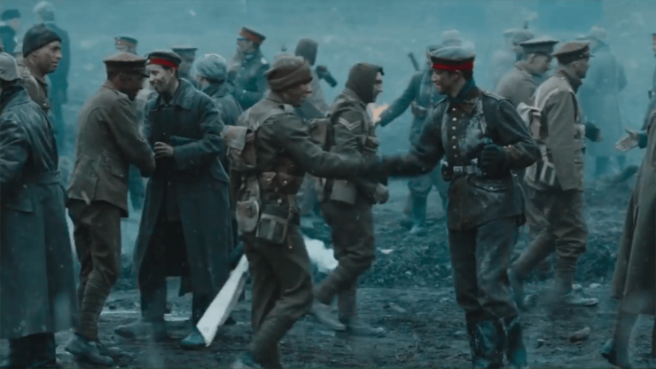 Soldiers shaking hands, screenshot from Doctor Who special "Twice Upon a Time"