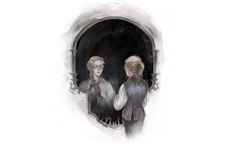 Jack looking in a mirror, an illustration by Rovina Cai from Come Tumbling Down