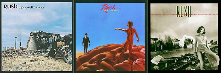 Album covers for A Farewell to Kings, Hemispheres, and Permanent Waves by Rush