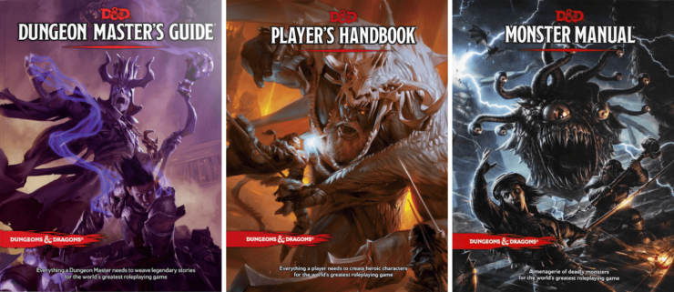 Dungeon Master's Guide, Player's Handbook, and Monster Manual for the 5th Edition of Dungeons & Dragons